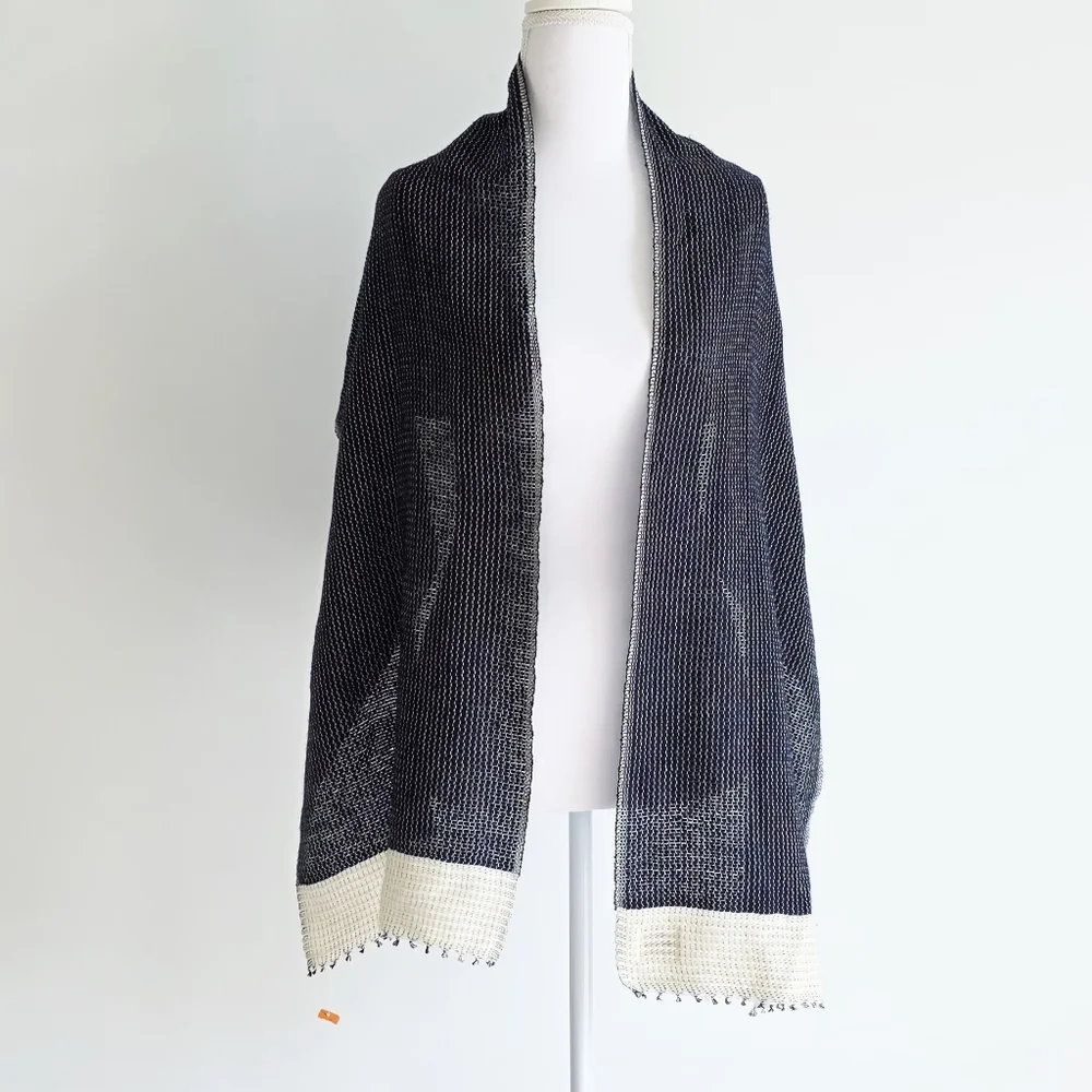 Kobo Oriza Japan Cream/Navy Knit Lightweight Rectangle Scarf Unisex